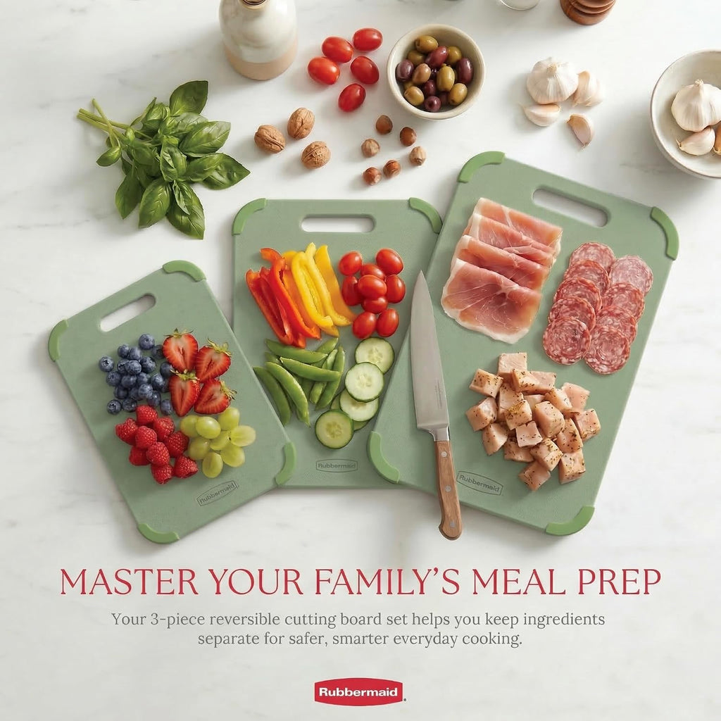 Rubbermaid Juego de 3 tablas de cortar reversibles de fibra de trigo, sin BPA, no tóxicas, aptas para lavavajillas, esquinas antideslizantes y ligeras, para carne, verduras y frutas