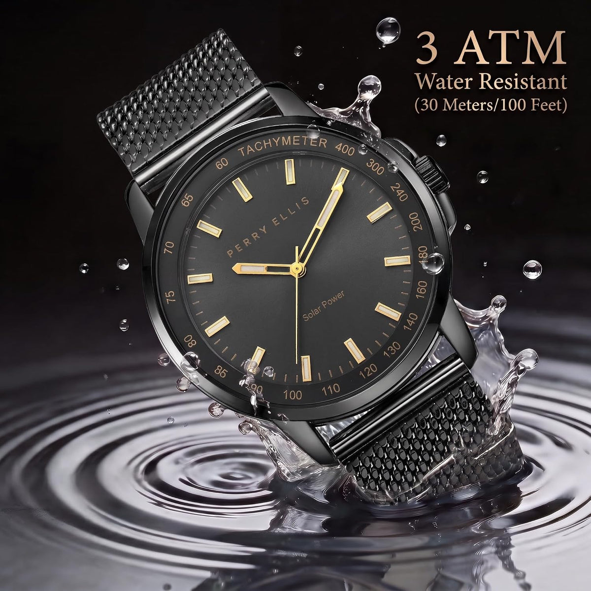 Perry Ellis Reloj para hombre con energía solar | Correa de malla de acero | Relojes de pulsera analógicos resistentes al agua para hombre | Caja de 43mm | Bisel de tacómetro de aluminio | Elegante