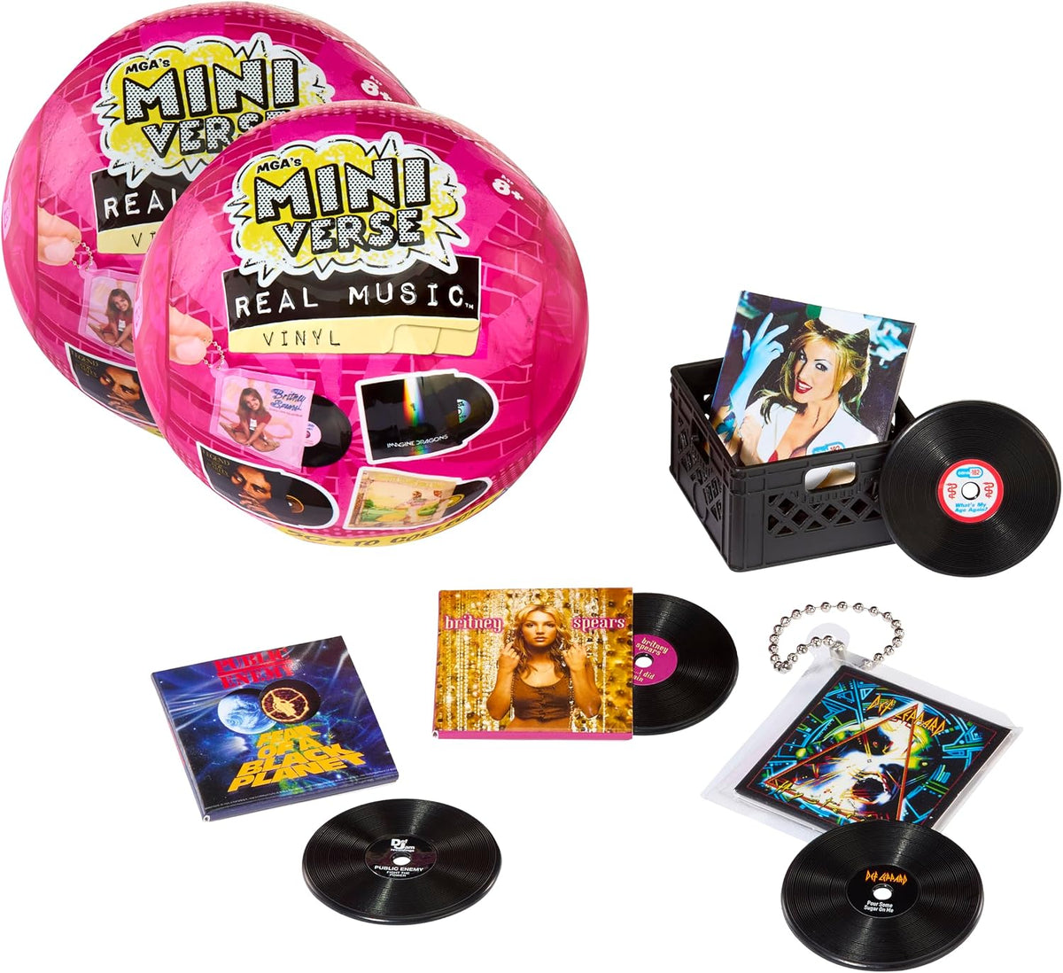 MGA's Miniverse Vinilo de música real (paquete de 2) Mystery Blind, 4 mini discos reproducibles por paquete, funda y llavero, coleccionistas, regalo, Britney Spears, Elton John, TLC