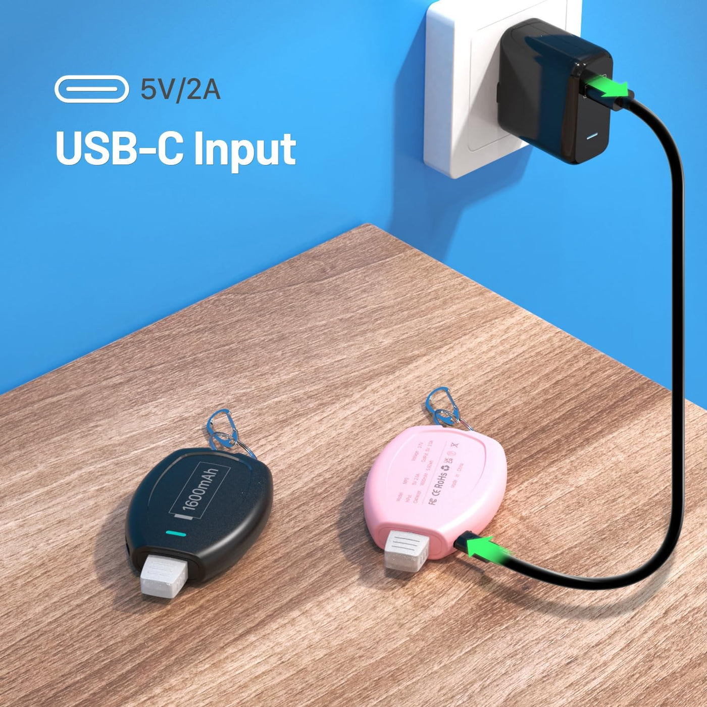 HUAENG Paquete de 2 llaveros USB C, cargador portátil, mini banco d...