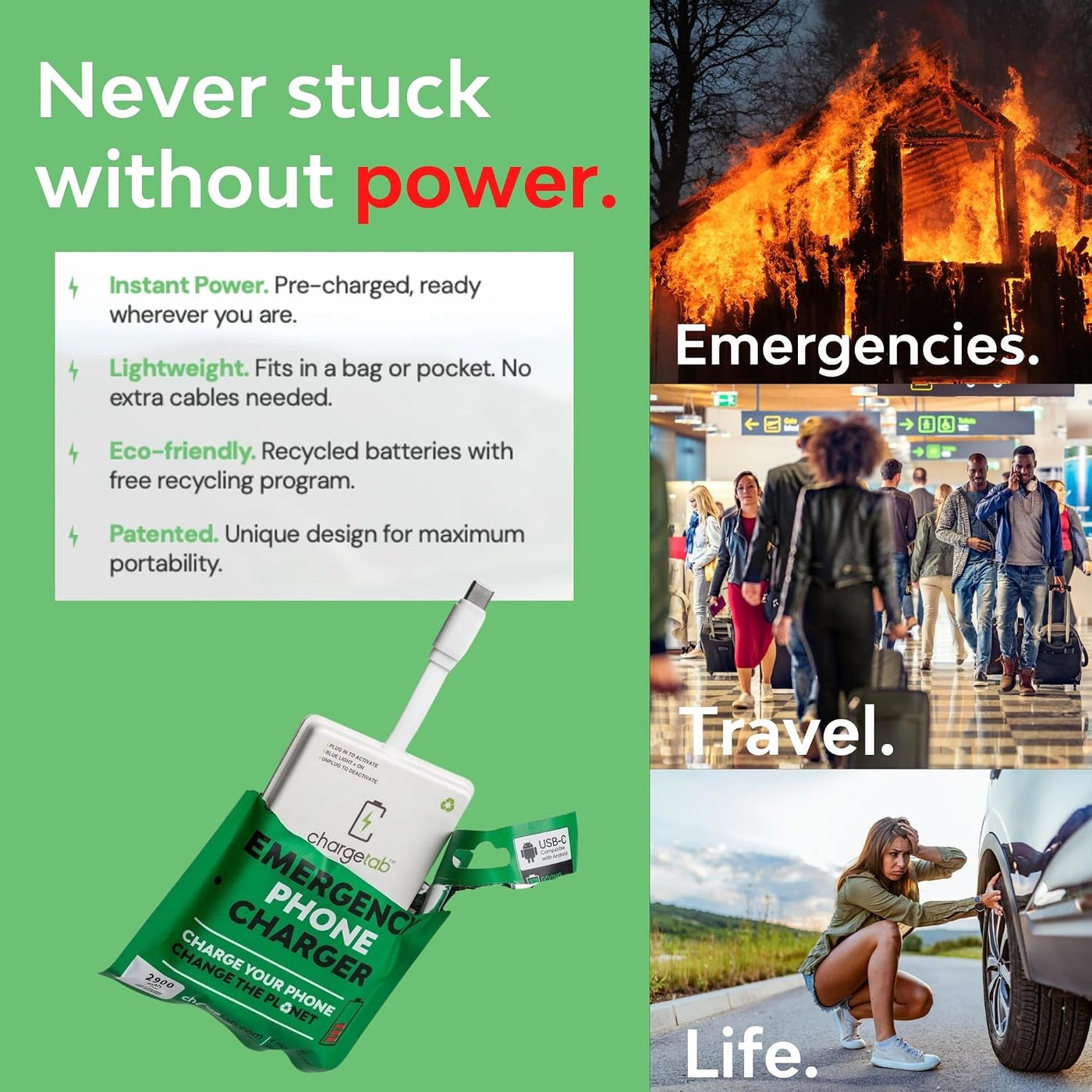 ChargeTab Cargador USB-C Portátil de Emergencia \u2013 Precargado 3...