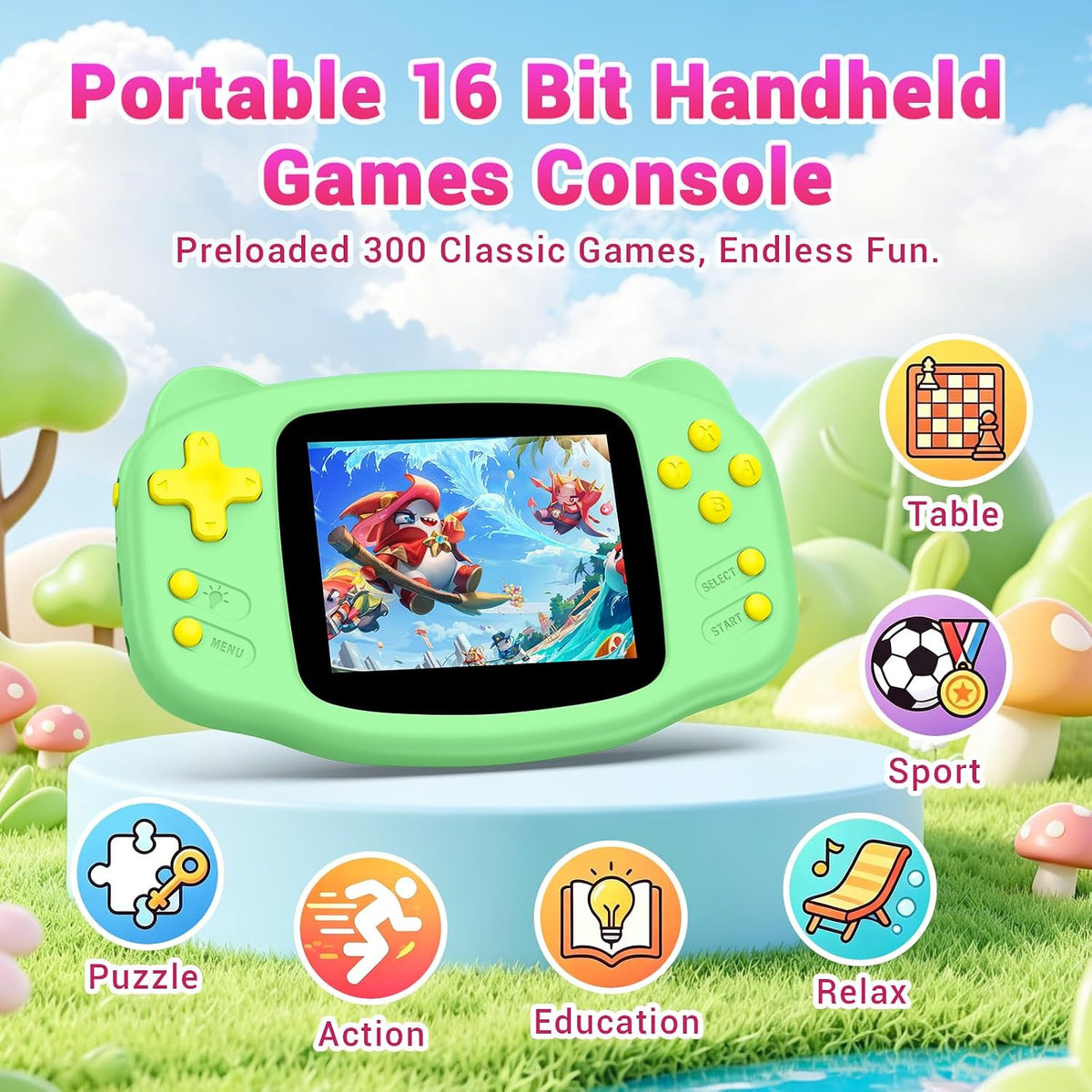 Juego de mano para niños, 300 videojuegos retro integrados, reproductor de juegos portátil de 16 bits con pantalla HD de 3.2 pulgadas, batería recargable, mini juguete electrónico de viaje para niños