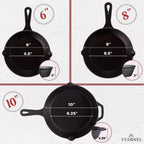 Cuisinel - Juego de sartenes de hierro fundido de 6+8+10 pulgadas, juego de sartenes presazonadas de 3 piezas