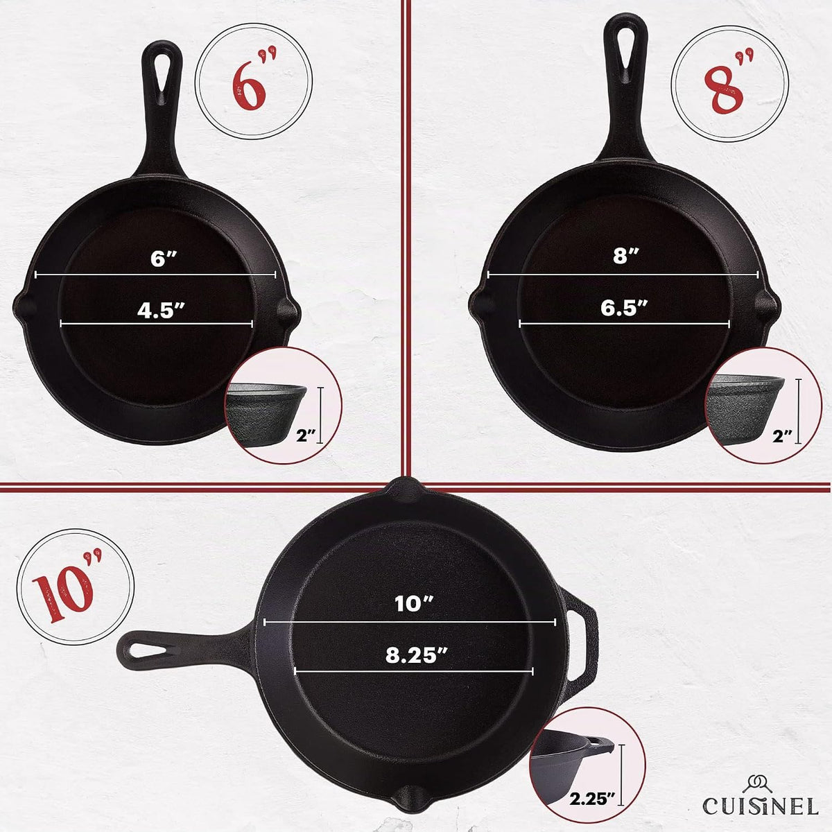 Cuisinel - Juego de sartenes de hierro fundido de 6+8+10 pulgadas, juego de sartenes presazonadas de 3 piezas
