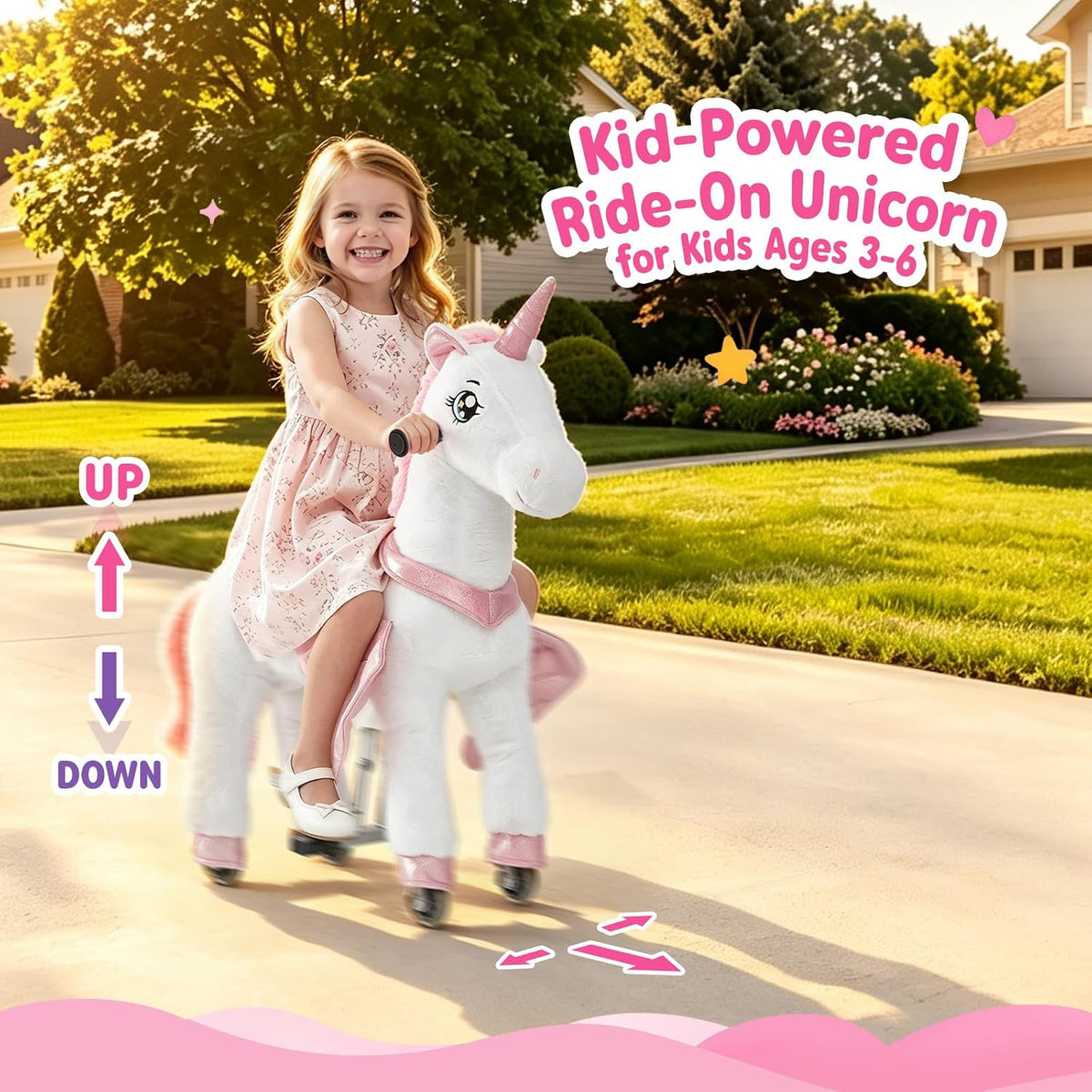 FUNLIO Caballo de unicornio para niños de 3 a 6 años, juguetes de felpa con ruedas para jugar en interiores y exteriores, fácil de montar, certificado CPC y CE, pequeño