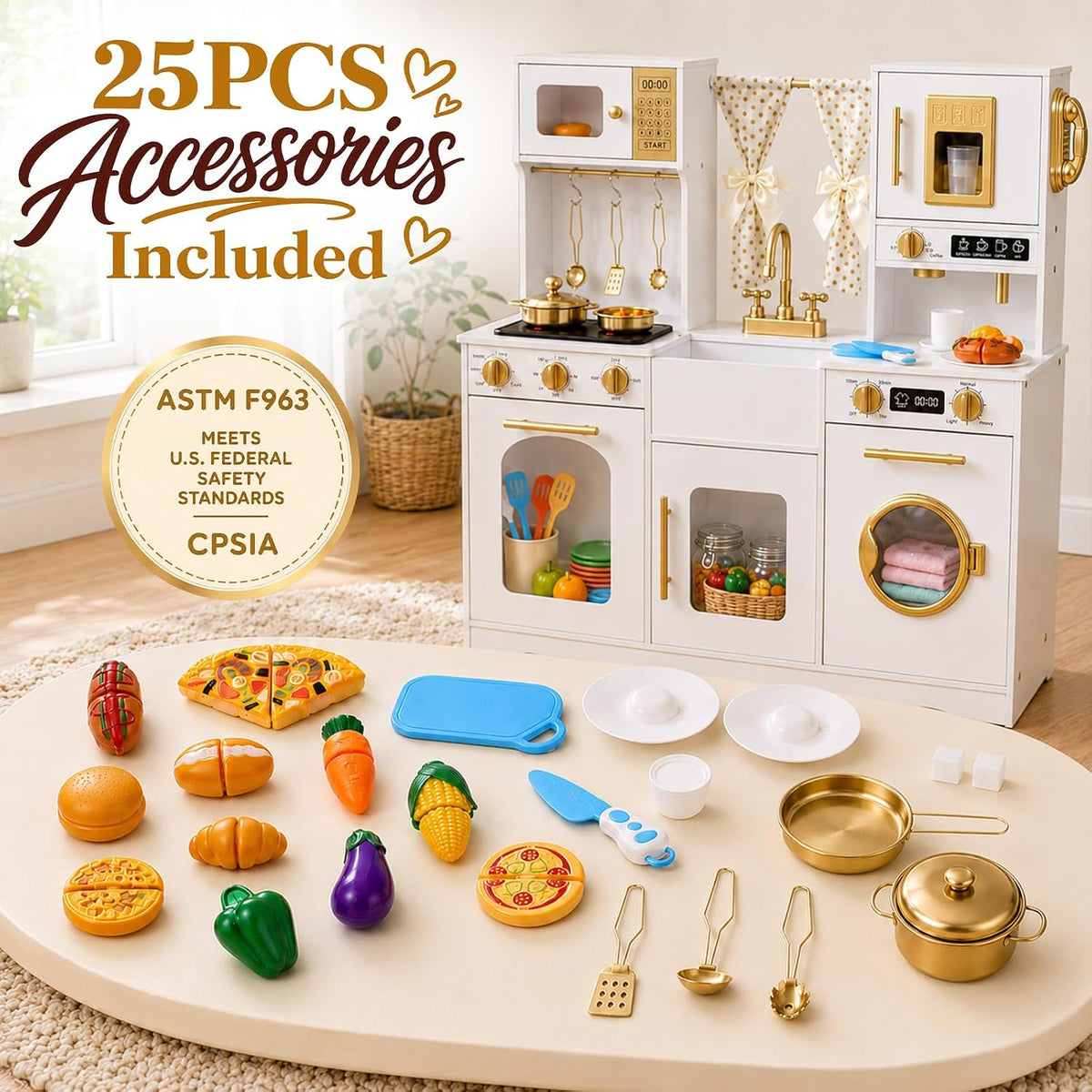 Cocina de madera para niños con 25 accesorios de comida de juguete