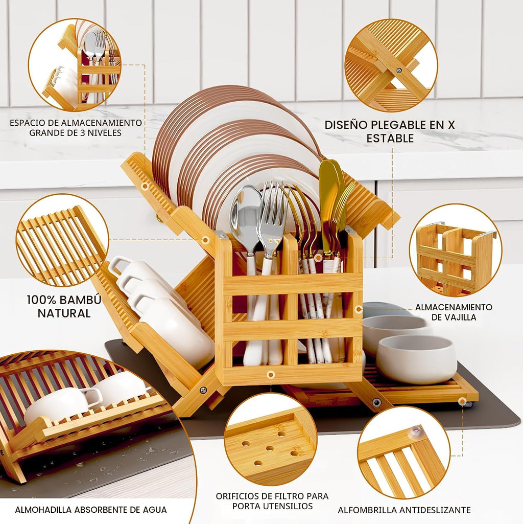 Greenual Escurridor de platos de bambú con soporte para utensilios, estante plegable de 3 niveles, estantes de madera para encimera de cocina, soporte de secado plegable grande con tapete absorbente para secar platos