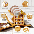 Greenual Escurridor de platos de bambú con soporte para utensilios, estante plegable de 3 niveles, estantes de madera para encimera de cocina, soporte de secado plegable grande con tapete absorbente para secar platos