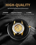 ROCOSJEWE R0101 Reloj Automático Mecánico para Hombre de Lujo Dorado Reloj Clásico Retro Correa de Cuero Marrón Impermeable Regalo para Hombre Moda Negocios