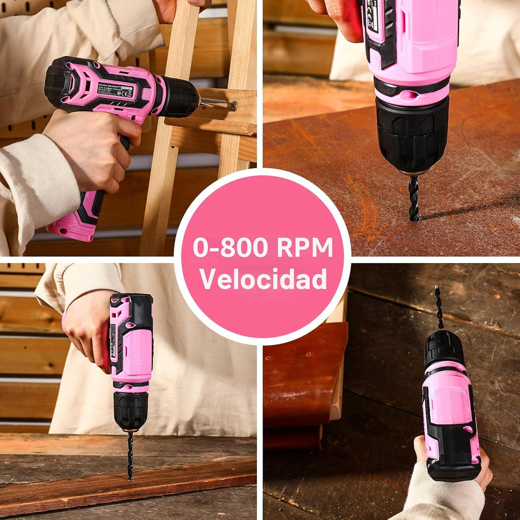 Taladro inalámbrico: juego de taladro eléctrico DEKOPRO de 12 V con taladros eléctricos rosa de 800 RPM con caja de regalo, juego de taladro rosa para mujer