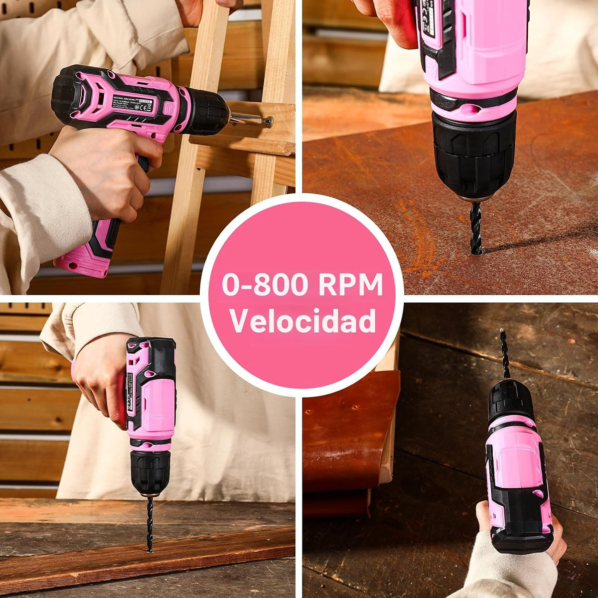 Taladro inalámbrico: juego de taladro eléctrico DEKOPRO de 12 V con taladros eléctricos rosa de 800 RPM con caja de regalo, juego de taladro rosa para mujer