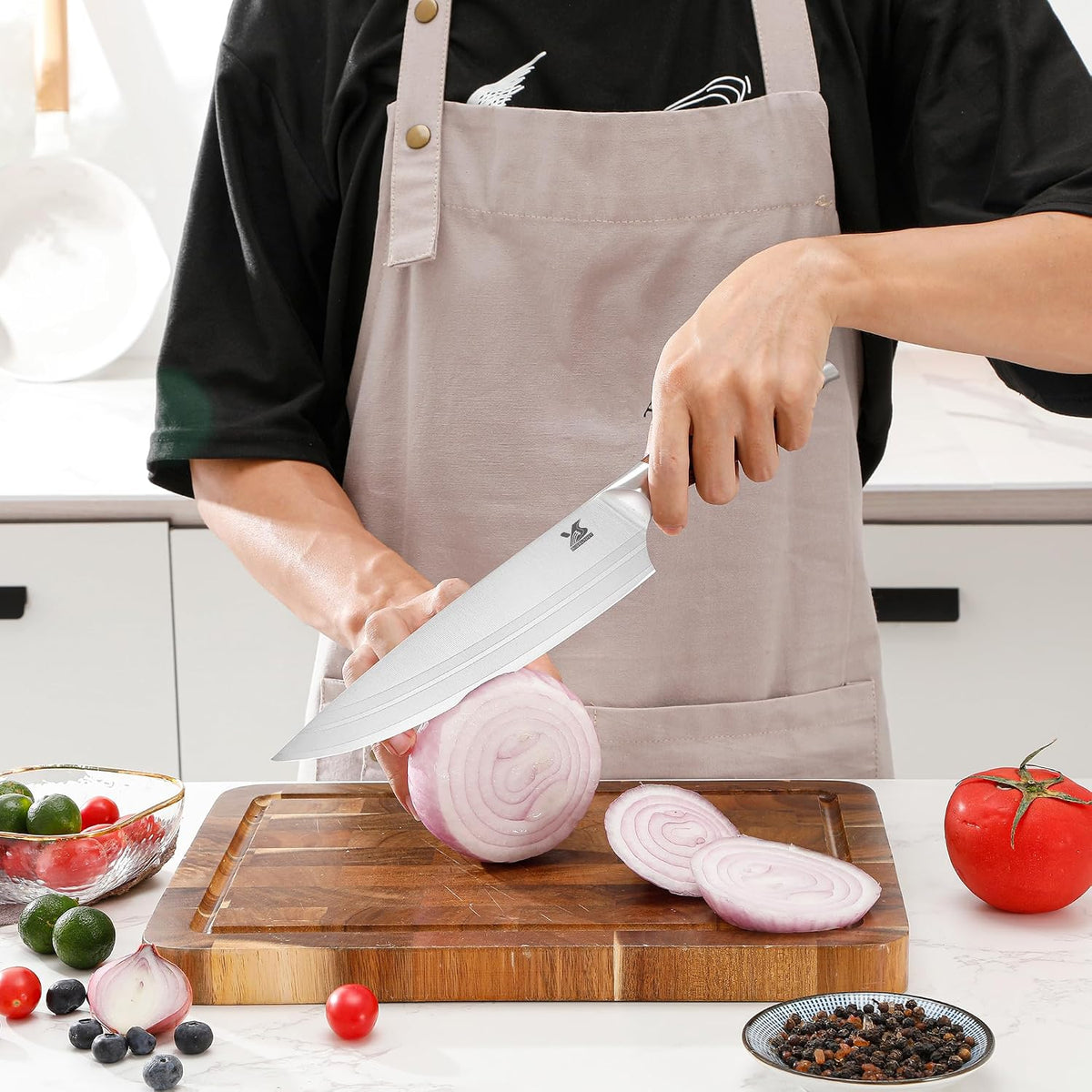 Juego de 9 piezas de cuchillos de cocina con bloque, juego de cuchillos de acero alemán con picador de huesos, mango de madera de Pakka preciosa para juego de cuchillos de chef