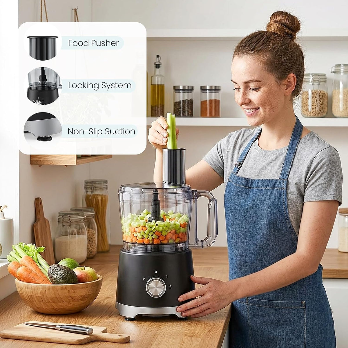 OLIXIS Procesador de alimentos 10.5 tazas, 600 W potentes procesadores de alimentos con 5 cuchillas, molinillo de carne apto para lavavajillas para rebanar, triturar, picar, amasar, para carne