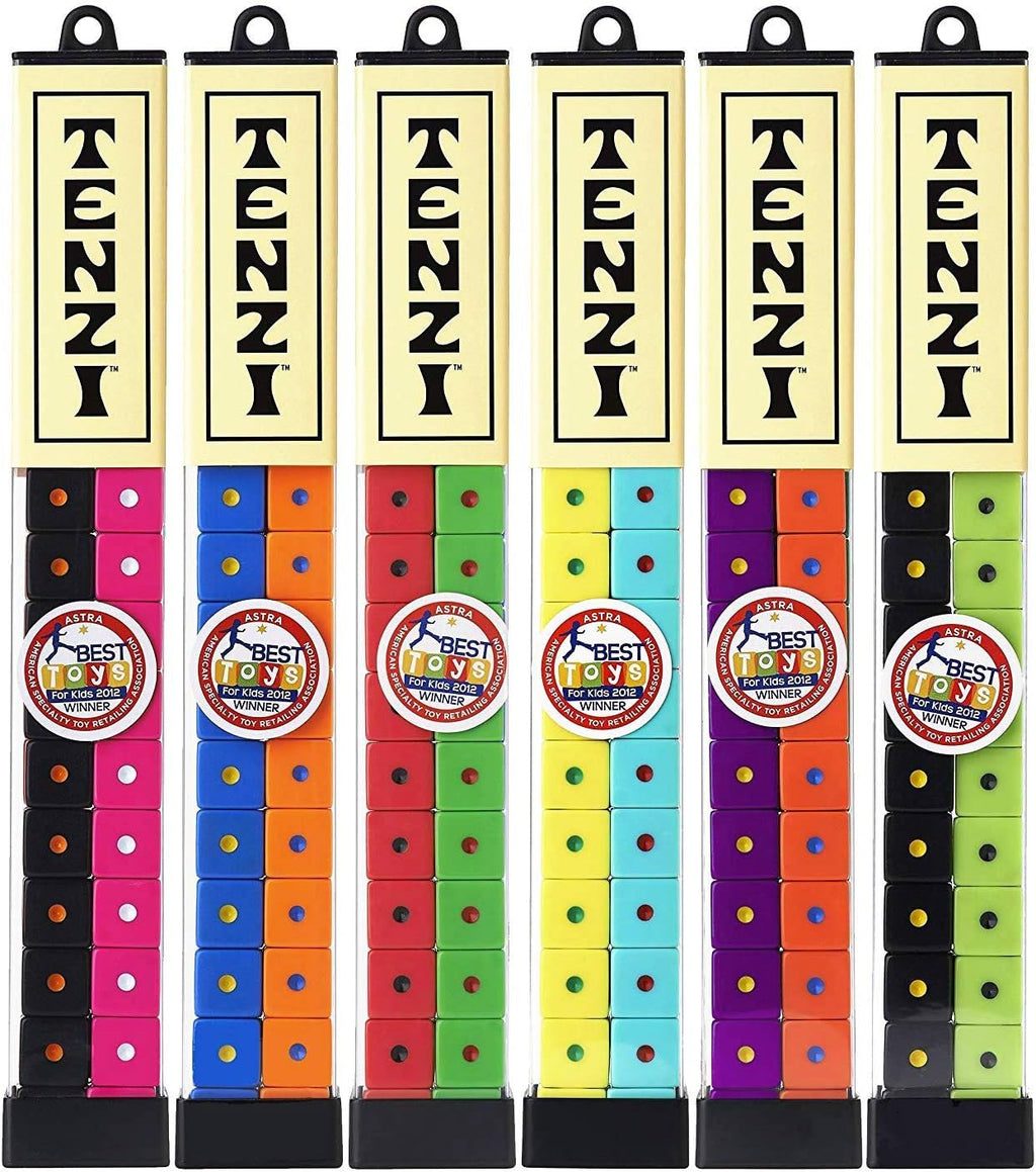 TENZI Dice Party Game - Una Diversión Veloz para Toda la Familia - 4 Juegos de 10 Dados Coloreados con Tubo de Almacenamiento - Los Colores Pueden Variar