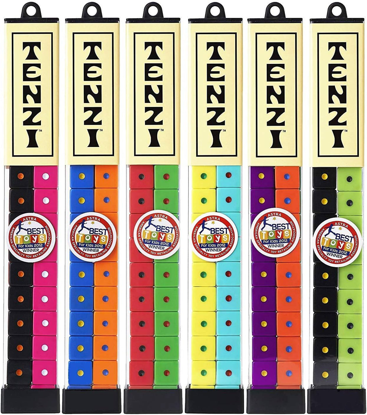 TENZI Dice Party Game - Una Diversión Veloz para Toda la Familia - 4 Juegos de 10 Dados Coloreados con Tubo de Almacenamiento - Los Colores Pueden Variar