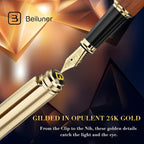 BEILUNER Pluma estilográfica 316, impresionante palo de rosa de lujo, plumín dorado de 24 quilates (medio), hermoso acabado de oro de 24 quilates, convertidor de tinta, el mejor regalo para hombres y