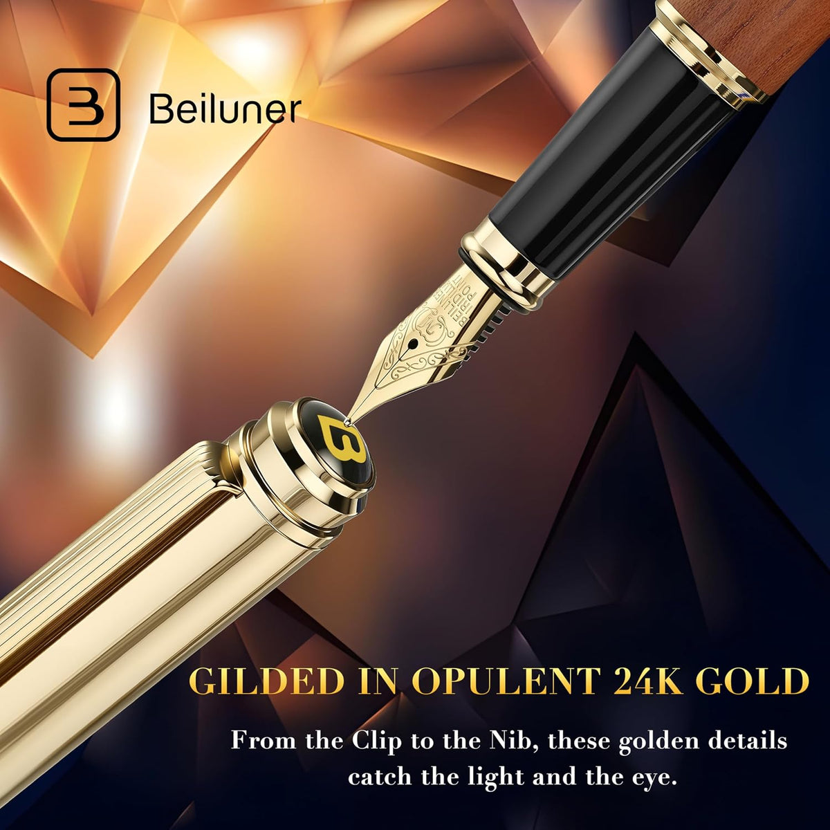 BEILUNER Pluma estilográfica 316, impresionante palo de rosa de lujo, plumín dorado de 24 quilates (medio), hermoso acabado de oro de 24 quilates, convertidor de tinta, el mejor regalo para hombres y