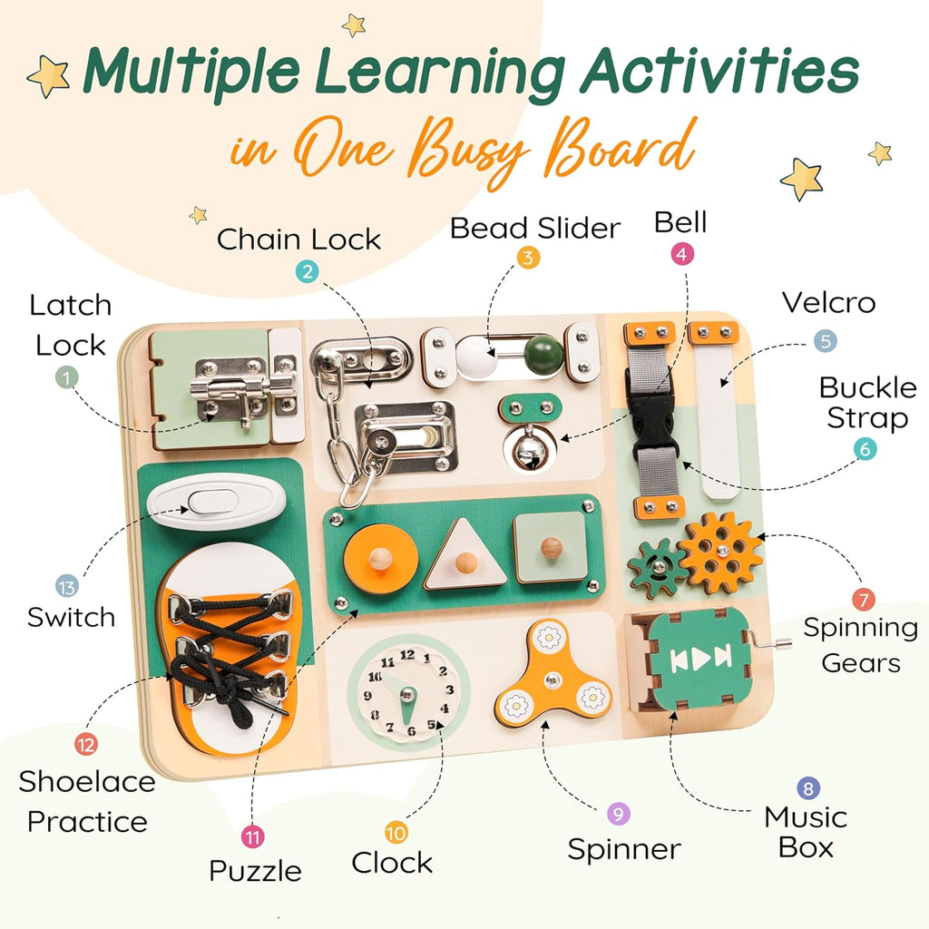 Montessori - Tabla de actividades sensoriales para bebés y niños pequeños de 1 a 3 años, tabla de actividades sensoriales de madera con 13 actividades, cerraduras y pestillos de metal real, juguete educativo para habilidades motoras finas para niños de 1,