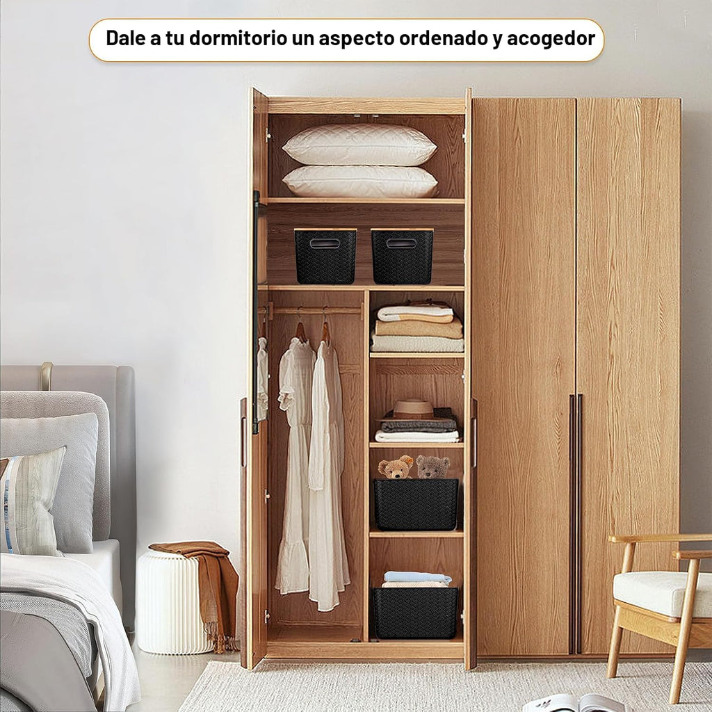 Ohmlove Paquete de 4 contenedores de almacenamiento con tapas de bambú, contenedores de almacenamiento de plástico con tapas, caja de almacenamiento apilable: cestas de almacenamiento para organizar