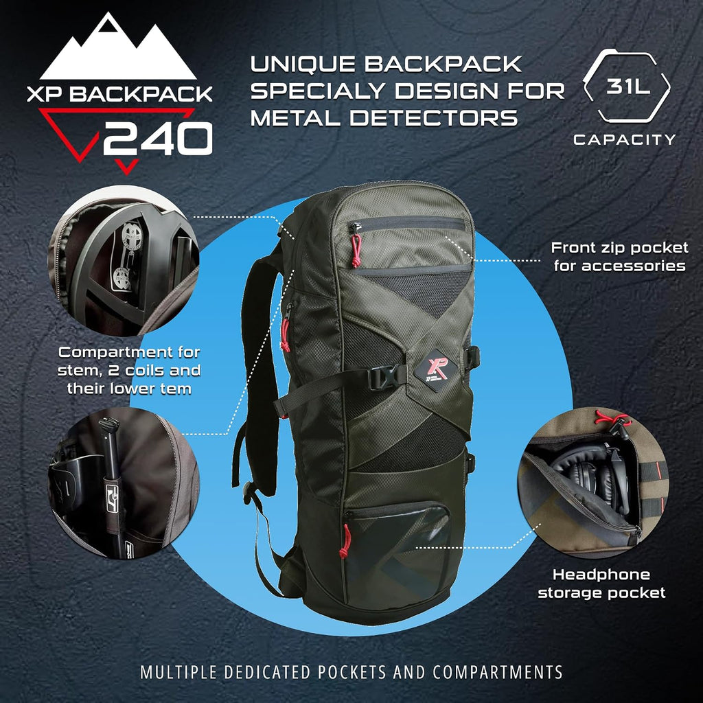 Mochila XP 240 ligera y robusta, diseñada para detectores de metales, 8 bolsillos