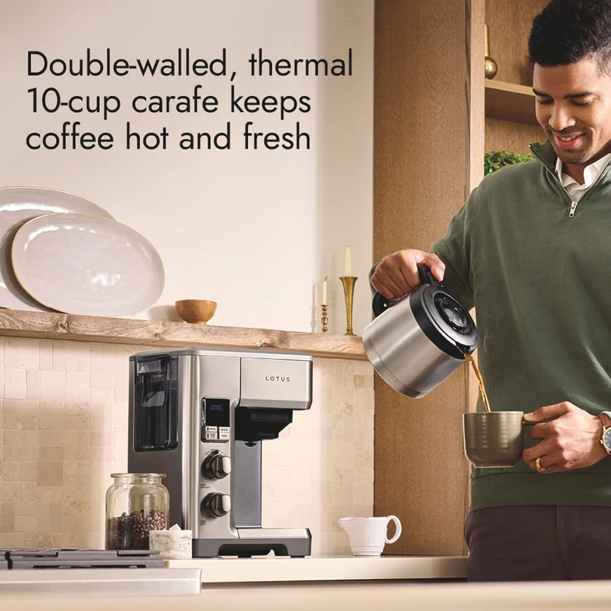 Lotus Cafetera con escala molida, cafetera programable de 10 tazas, The Top Drip, 1500 vatios, acero inoxidable, serie profesional, LTSCM500