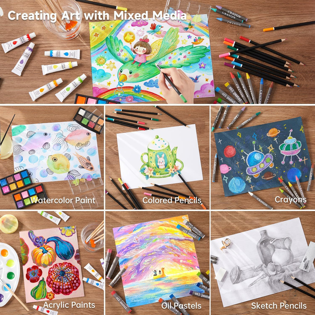 Shuttle Art - Juego de regalo de arte de lujo, set de 202 piezas de suministros de arte de madera con 4 blocs de dibujo, lienzos, hojas para colorear, pintura acrílica, crayones, pasteles al óleo
