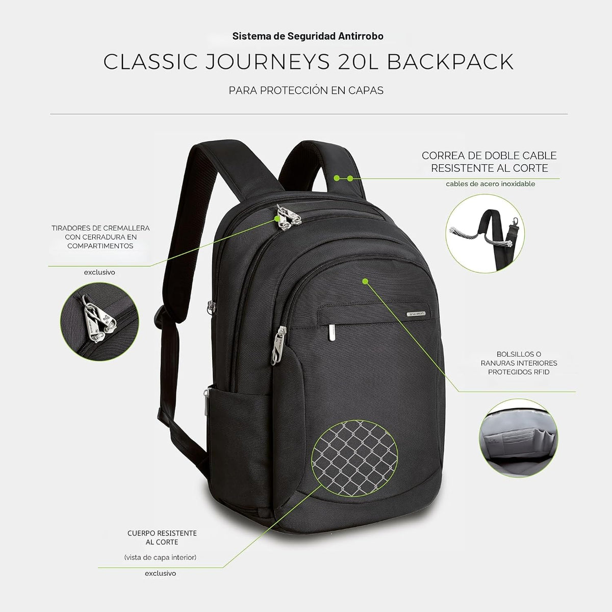 Travelon - Mochila antirrobo clásica grande multiusos, Negro