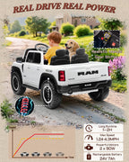 First Ride On - Auto eléctrico de 2 plazas para niños, con licencia RAM 1500 RHO 24V con control remoto, juguetes de paseo para niños con Bluetooth, luces LED, espaciosa cama de camión, palanca de