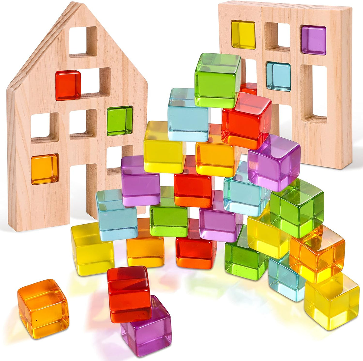 Woodtoe Juego de 24 bloques de arcoíris, bloques de construcción de madera