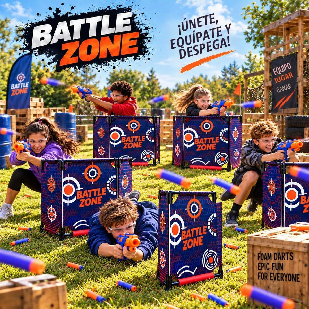 Target Búnker Táctico y Blaster de Espuma 59x34” Zona de Combate Fort Bunker, Compatible con Laser Tag, Pistola de Agua y Actividades de Cumpleaños, Pared Plegable para Juego Activo