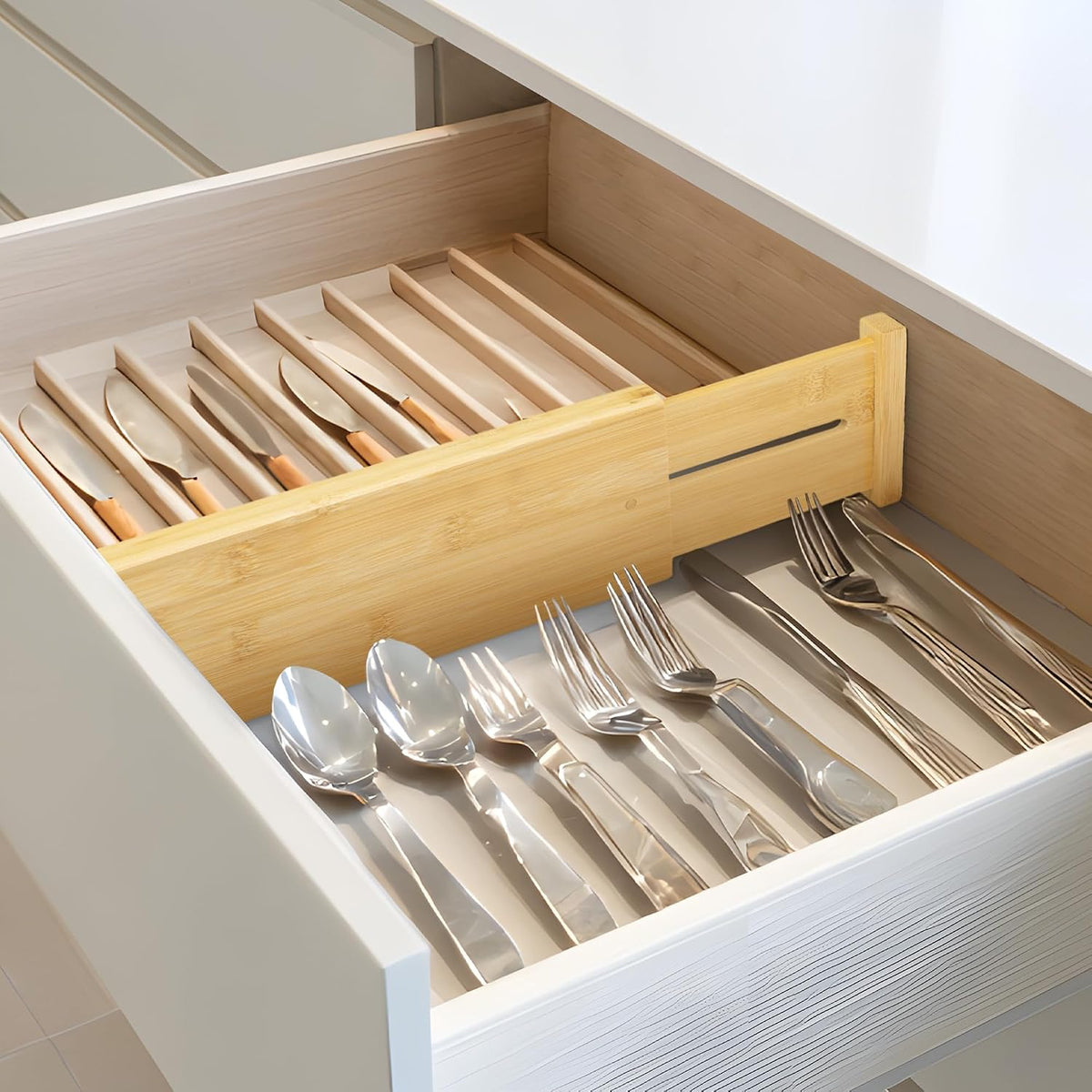 VaeFae Paquete de 6 separadores de cajones de bambú, 4 pulgadas de alto ajustables de 11.9-17.1 pulgadas, separadores expandibles para dormitorio, baño, cocina, oficina