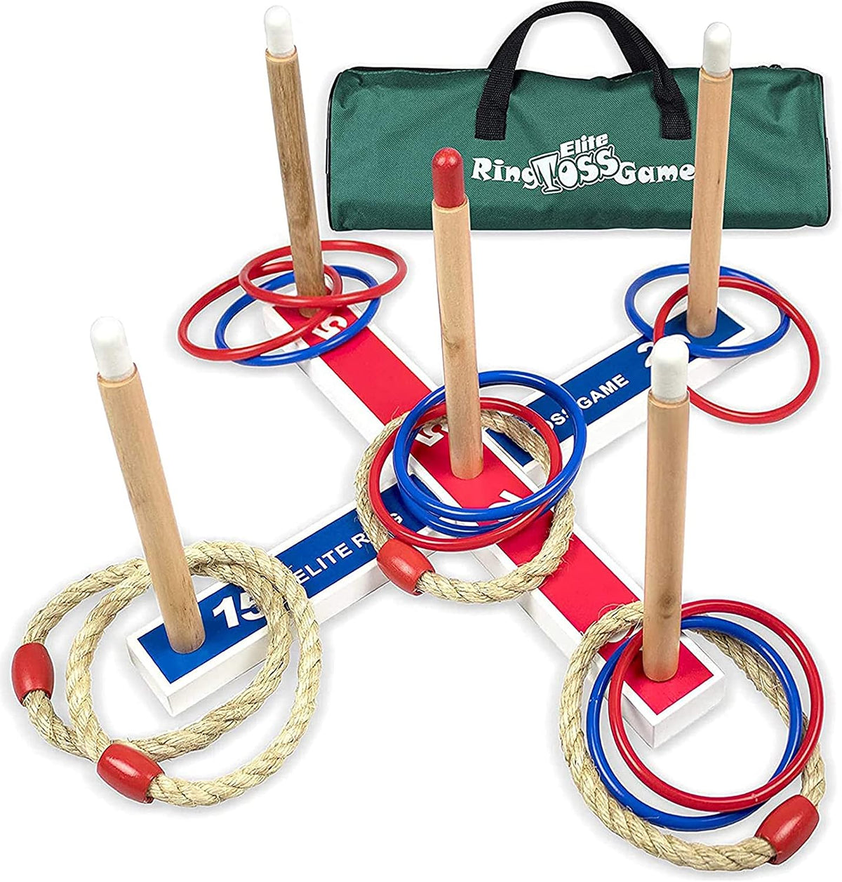 Juego de lanzamiento de anillas Elite para niños para mejorar la coordinación de ojo y mano y motricidad fina. Bolsa de transporte incluida más 10 anillos de plástico extras