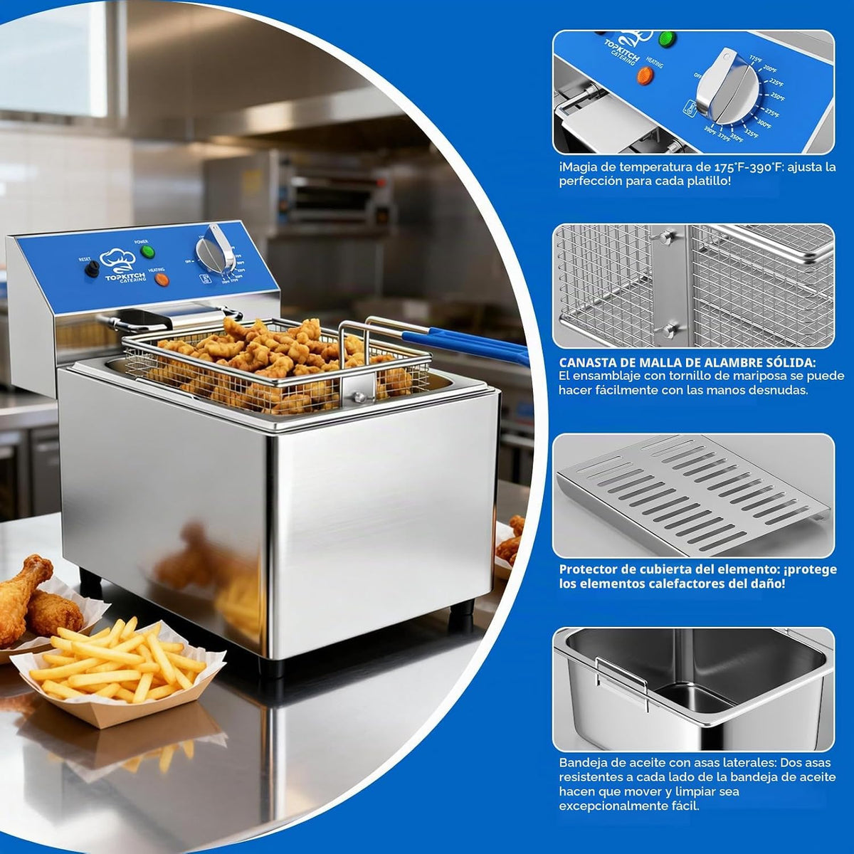 TOPKITCH Freidora Eléctrica Profunda de 6L con Envase de Aceite Extraíble y Asa, Cesta de Malla de Alambre Sólido y Tapa, Freidoras Comerciales Ligeras para Encimera - 120V 1800W