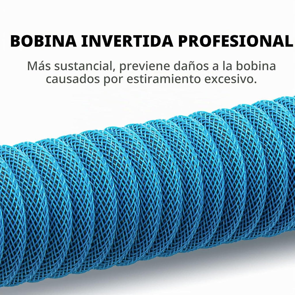 Pro Cable USB C en Espiral Personalizado para Teclado de Juegos, Cable de Teclado Mecánico de Doble Funda con Aviador Metálico Desmontable, 1.5M USB-C a USB-A, Color Azul