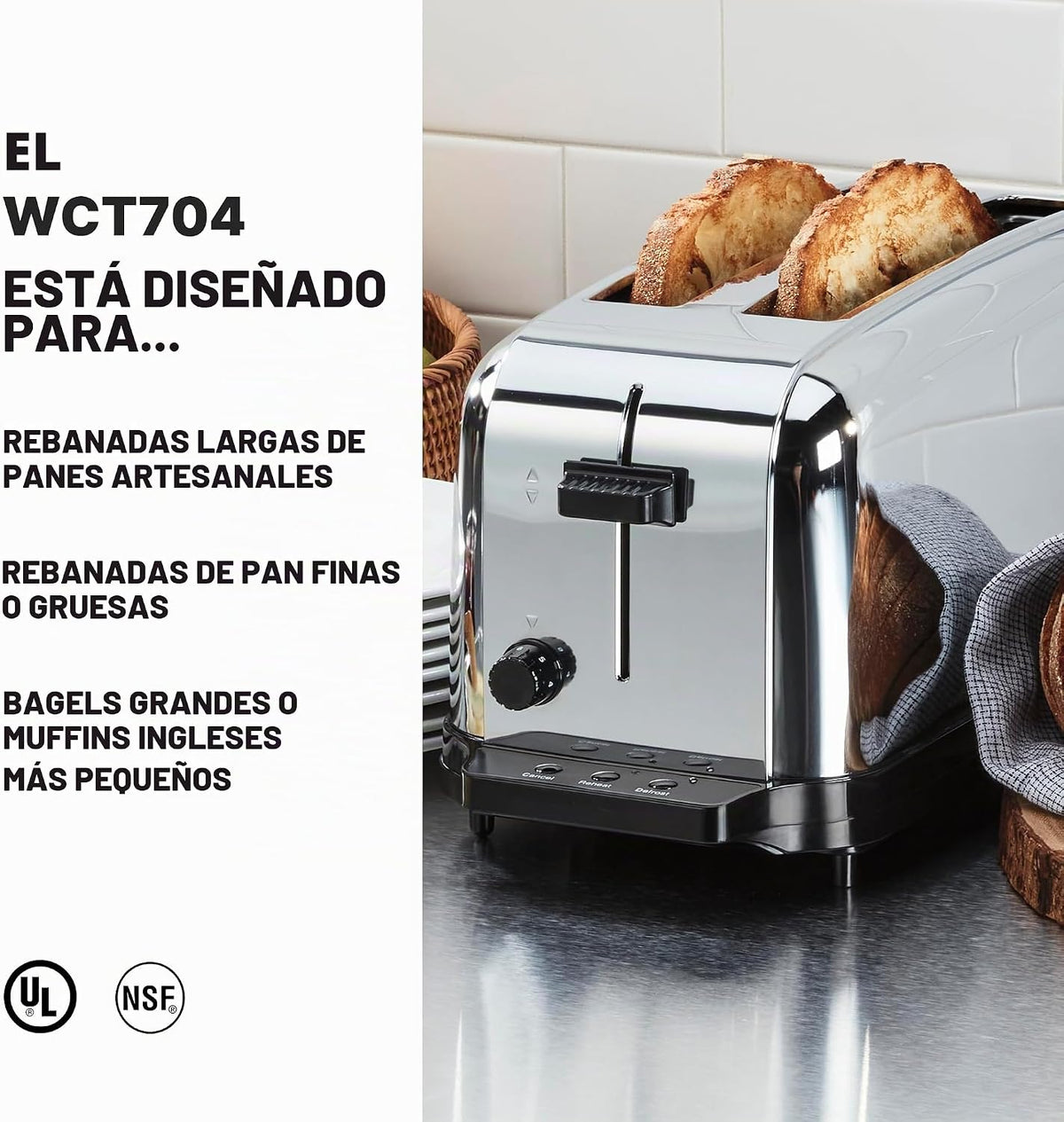 Waring Commercial WCT704 Tostadora Emergente de Servicio Ligero de 4 Rebanadas con Rancha Extra Larga, 120V, Enchufe 5-15 Phase