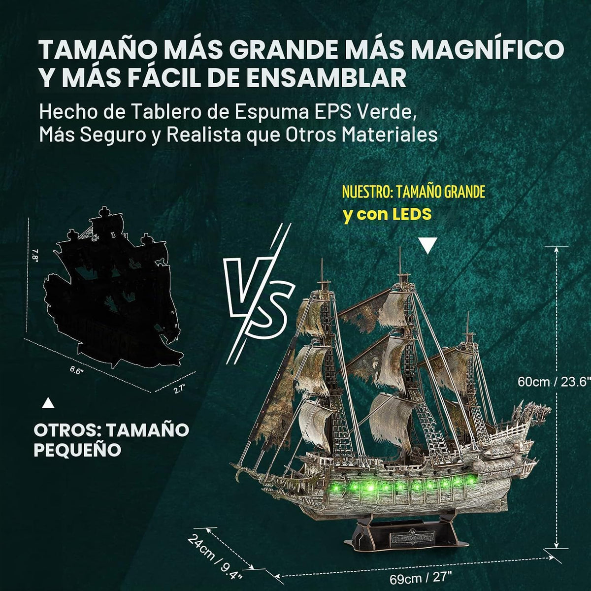 CubicFun Flying Dutchman - Rompecabezas de barco pirata 3D con LED verdes