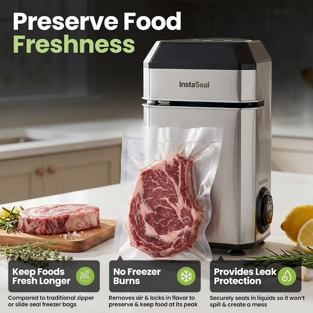 Sellador al vacío InstaSeal para alimentos con 12 bolsas, conserva los alimentos 5 veces más tiempo, diseño vertical compacto que ahorra espacio que permite que la máquina selle con calor adobos