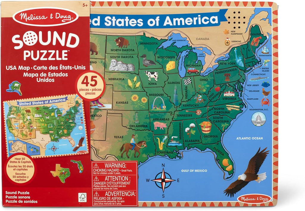 Melissa & Doug – EE. UU. Mapa – Puzzle de rompecabezas de madera de sonido con efectos de sonido (40 Pcs)