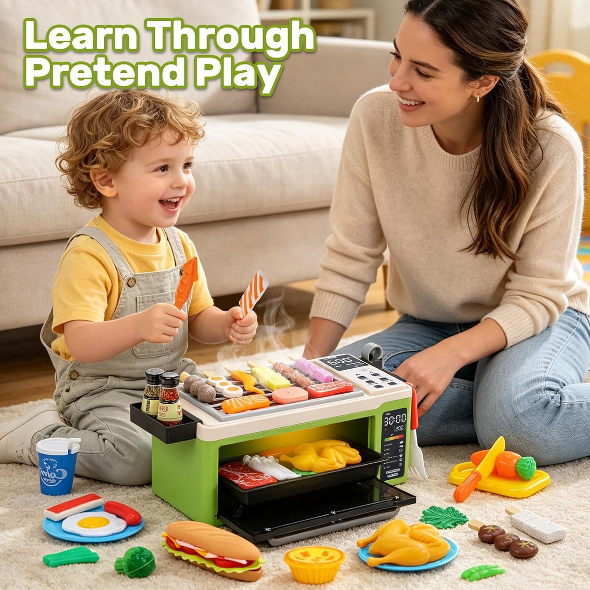 CUTE STONE Juguetes para microondas y horno con luz de sonido de niebla fría, parrilla de barbacoa para niños con comida de juego, plancha, accesorios de cocina de simulación, juguete de cocina para