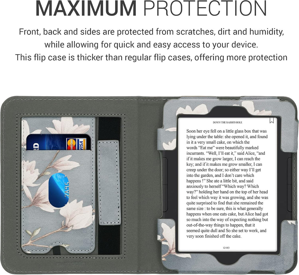 kwmobile Funda compatible con Barnes & Noble Nook Glowlight 4 / 4e - Funda de piel sintética con cierre magnético, soporte, correa, ranura para tarjetas, magnolias gris pardo/blanco/azul gris