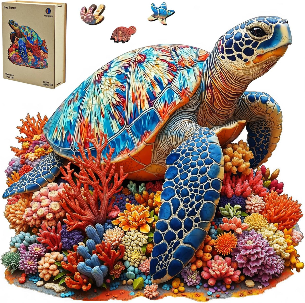 Rompecabezas de madera de tortuga marina para adultos, 200 piezas, coloridos rompecabezas de tortuga coral para adultos y niños, rompecabezas de madera únicos en forma de animal oceánico de 0.197 in