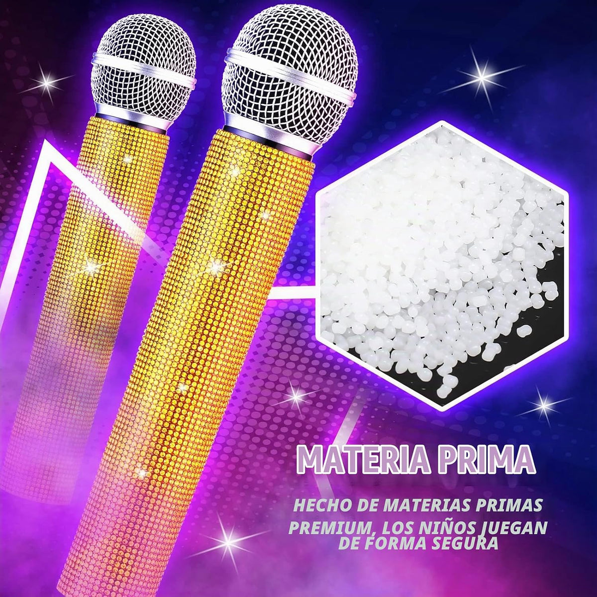 Micrófono Falso de Apoyo con Brillantina y Rinstones de Cristal de Rinoplástico para Jugar, Micrófono de Pretensión con Purpurina y Adornos para Cosplay, Traje de Fiesta (Dorado)