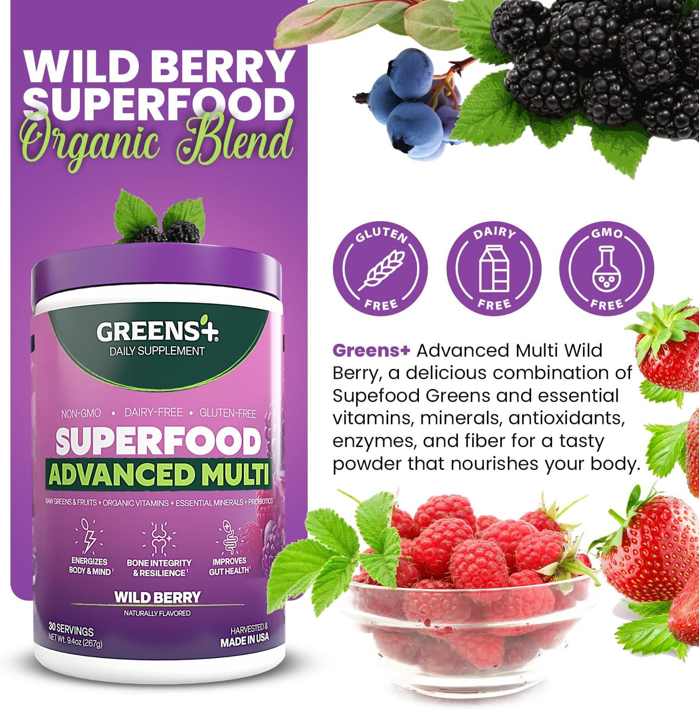 Greens+ Advanced Multi Wild Berry Superfood en polvo, mezcla orgáni...