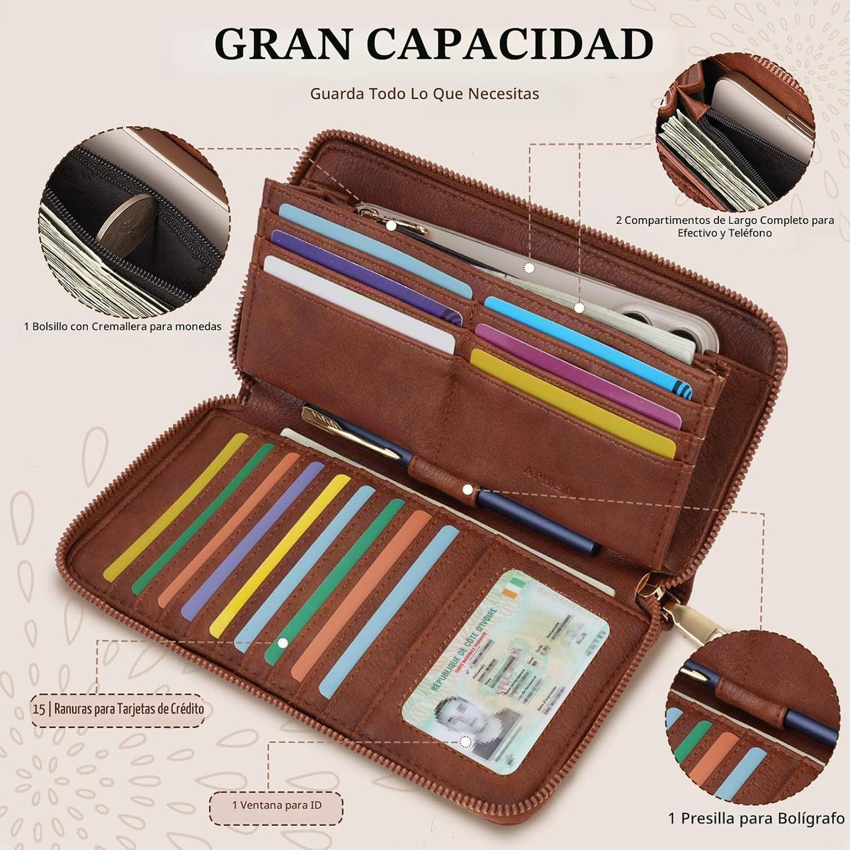APHISON Billetera para mujer, gran capacidad, monedero, tarjetero, RFID, pulsera, teléfono, cremallera, moneda, bolsillo de viaje