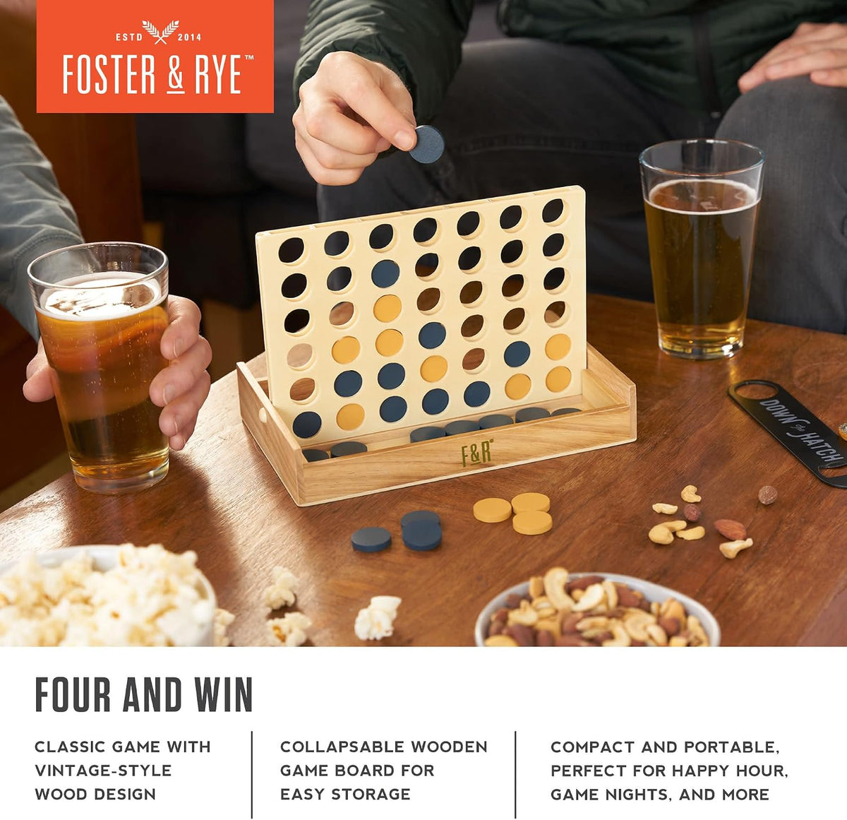 Foster & Rye Four and Win - Juego de mesa clásico, juegos para 2 jugadores, diseño vintage de madera - Juego de mesa de sobremesa