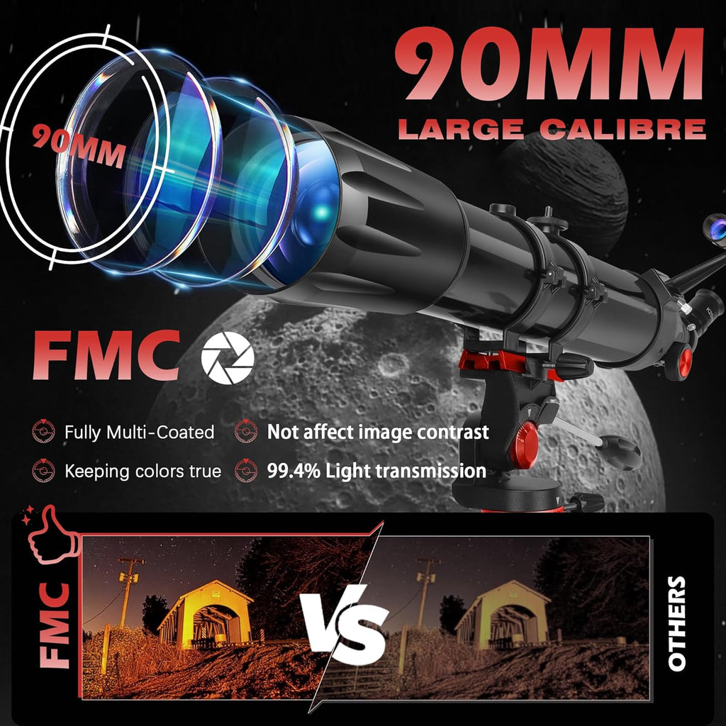 Telescopio HETEKAN para adultos de alta potencia, apertura de 3.543 in, refractor de 35.433 in