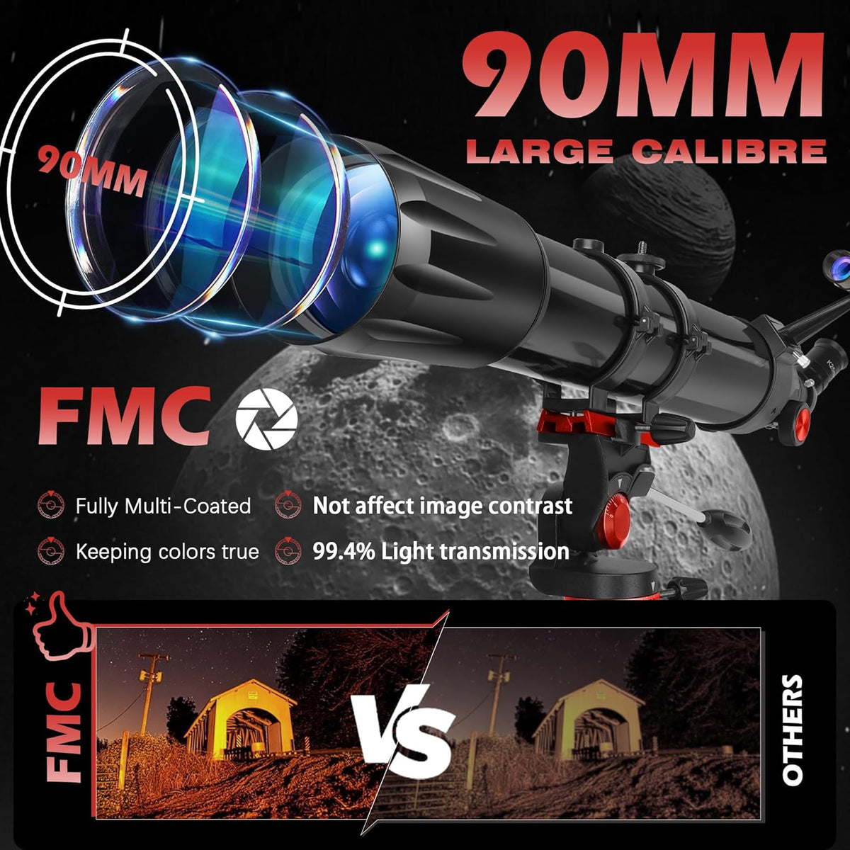 Telescopio HETEKAN para adultos de alta potencia, apertura de 3.543 in, refractor de 35.433 in