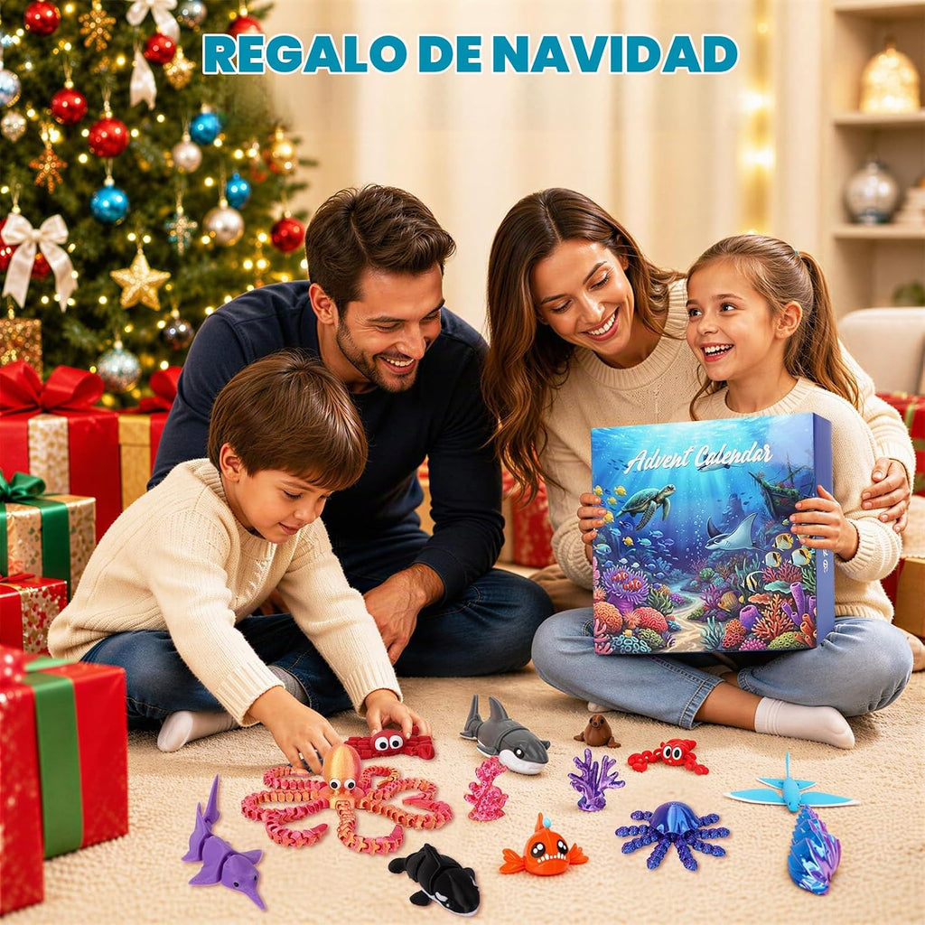Calendario de Adviento de animales oceánicos impresos en 3D, 24 figuras articuladas de criaturas marinas para ansiedad, cuenta regresiva de Navidad, regalos flexibles para adolescentes y niños