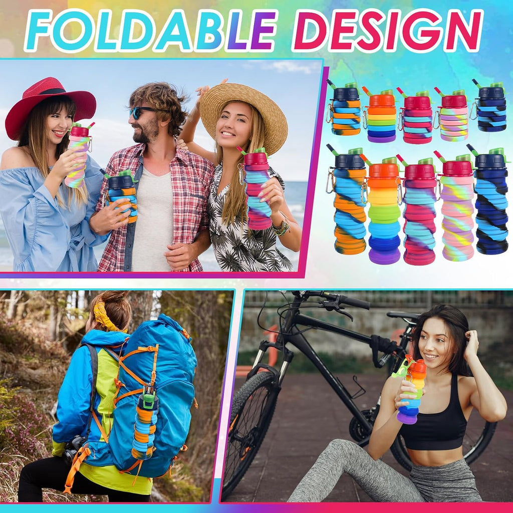 Paquete de 5 botellas de agua plegables de silicona de 17 onzas, portátiles, ligeras, plegables con mosquetón, a prueba de fugas, reutilizables, para viajes, camping, senderismo, ciclismo, deportes al aire libre (arcoíris)