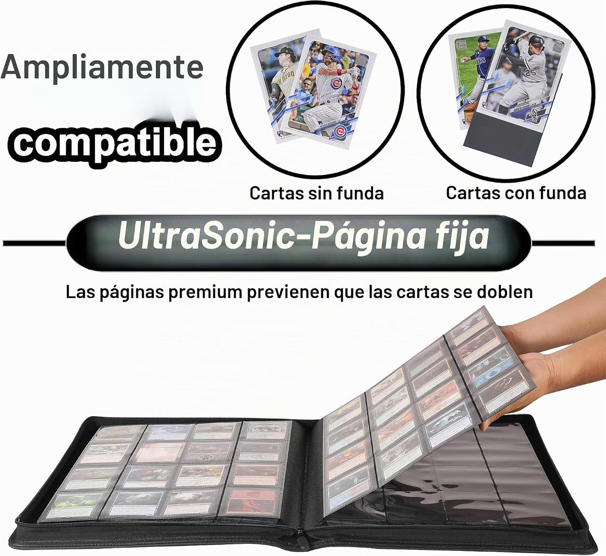 Carpeta de tarjetas premium de 16 bolsillos, se adapta a 1600 tarjetas, álbum de tarjetas sin anillo 4 x 4 con fundas para tarjetas intercambiables y tarjetas deportivas (modelo C, negro clásico)
